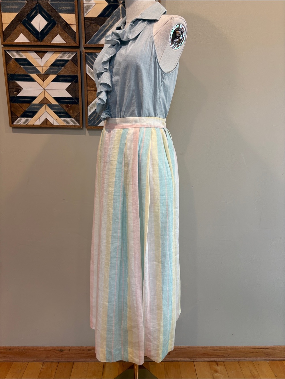 Vintage Tassels & Cuffs Corbin Ltd Striped Pastel Pleated Linen Skirt size Small - Picture 4 of 14